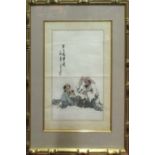 19th CENTURY CHINESE SCHOOL 'Man with two Children', watercolour, signed upper left, 37cm x 26cm,