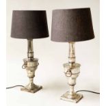 LAMPS, a pair, vintage silvered metal of vase form with lion mask handles, with shades 66cm H.