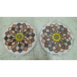 SPECIMEN MARBLE TOPS, a pair, circular inlaid sunflower and radiating petal design, 60cm D.