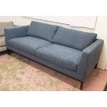 AARK SOFA, blue chenille finish on ebonised supports, 210cm W.