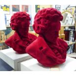 LUDWIG VAN BEETHOVEN BUSTS, a pair, contemporary school, red flocked finish, 45cm H.