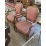 FAUTEUILS, a pair, Louis XV style giltwood with carved detail and pink upholstery,