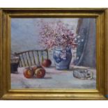 LAURENCE DE HAULLEVILLE 'Flowers in a White and Blue Vase and Apples on a Table', oil on canvas,