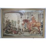 NEEDLEWORK, depicting the Return of a Medieval Hunting Party, 112cm x 75cm, framed and glazed.