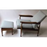 ARMCHAIRS, a pair, 1970's Danish style, teak frame, herringbone upholstered, with adjustable seat,