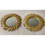 SUNBURST WALL MIRRORS, a pair, bevelled circular glass and moulded gilt frame, 52cm D.