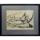 ABRAM GAMES OBE RDI (British 1914-1996) 'Moored Boats', woodblock print, signed lower left,