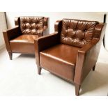 ARMCHAIRS, a pair, Danish style buttoned mid brown leather and tapering supports, 73cm W.