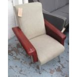 ARMCHAIR, 1960's Italian, fabric seat and back, with red leather arms, 90cm H.