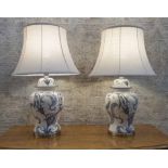 TABLE LAMPS, a pair, blue and white porcelain with shades, base 48cm H.