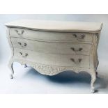 COMMODE, Italian grey painted and silvered metal, bombe form with three long drawers,