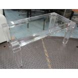 GLASS TABLE BY FAB ART, on square supports, 100cm x 50cm x 45cm H.