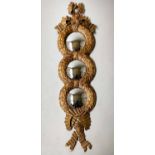 WALL MIRROR, Regency style gilt with three convex plates with tied ribbon crest, 129cm H x 36cm.