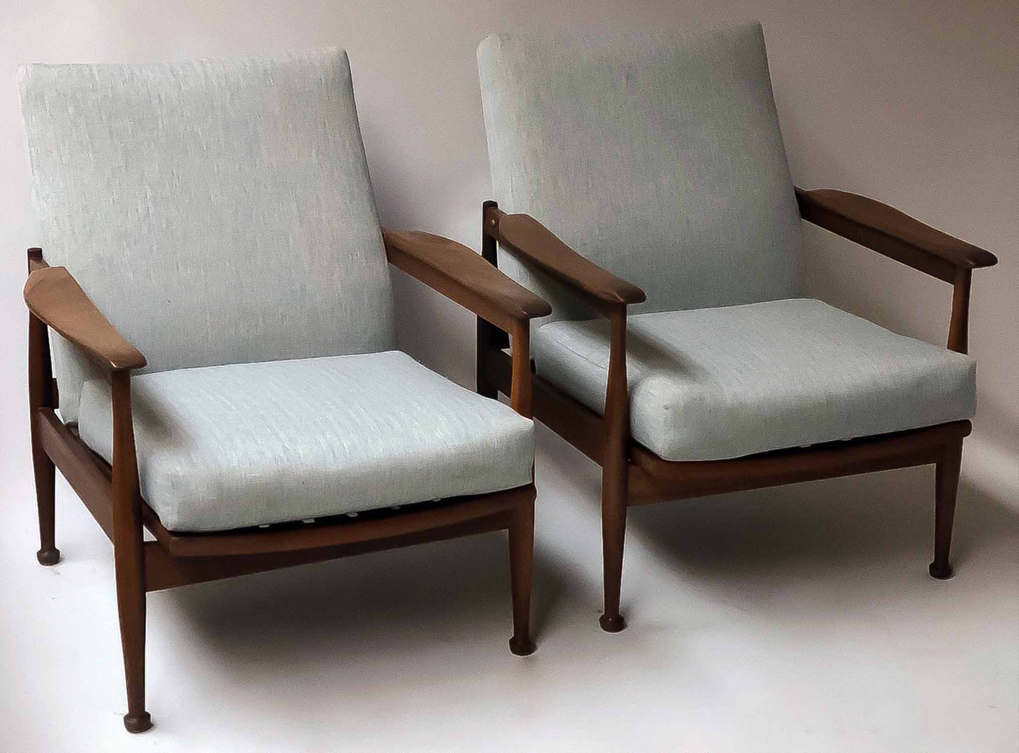 ARMCHAIRS, a pair, 1970's Danish style, teak frame, herringbone upholstered, with adjustable seat, - Image 3 of 3