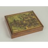 CIGAR BOX, circa 1970, pollard oak and bronze mounted displaying a relief map of North West France,