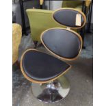 SWIVEL PEBBLE STYLE CHAIR, bent walnut and black leather on chrome base.