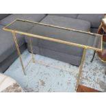 CONSOLE TABLE, gilt metal base tinted glass contemporary style, 120cm x 30cm x 75cm.