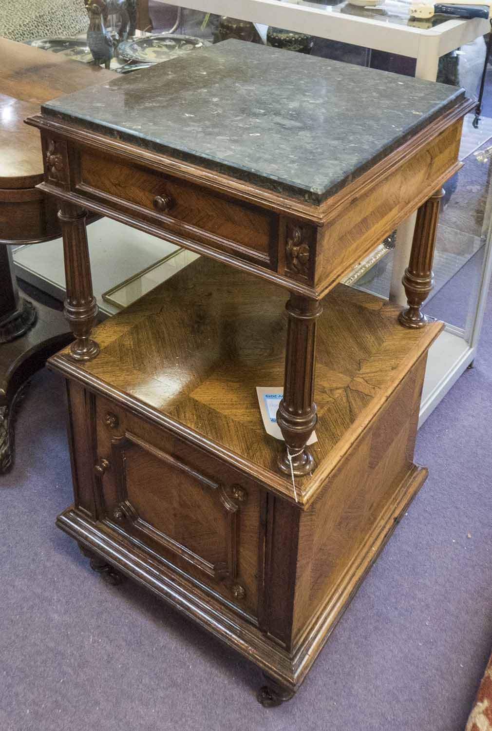 TABLE DE NUIT, late 19th century French rosewood with a square marble top above a short drawer,