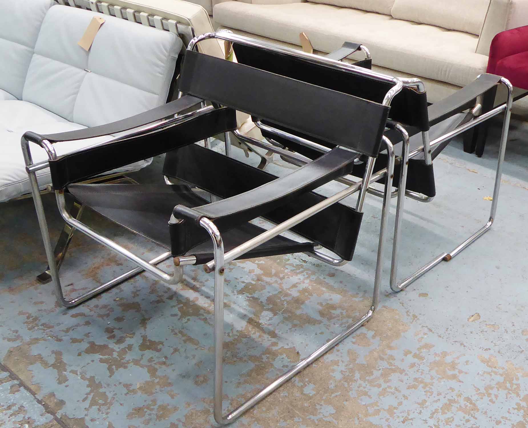 AFTER MARCEL BREUER WASSILY STYLE CHAIRS, a pair, 74cm H.