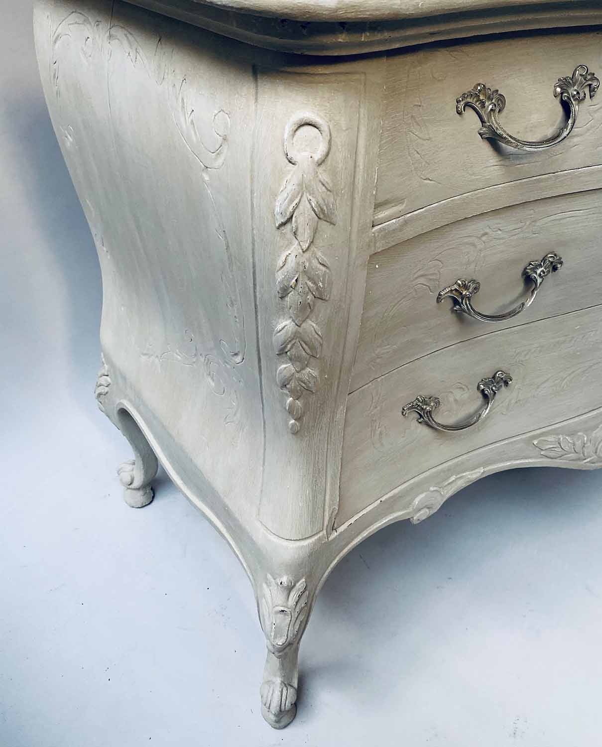 COMMODE, Italian grey painted and silvered metal, bombe form with three long drawers, - Image 4 of 4