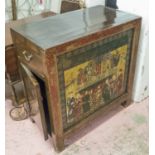 CHINESE CABINET, with side drawers and cupboards and painted polychrome figural detail to front,