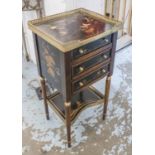 SIDE CHEST, Louis XVI style ebonised and painted with gilt metal mounts, three drawers,