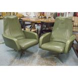 ARMCHAIRS, a pair, mid 20th century faux green leather upholstered on chrome supports, 76cm W.