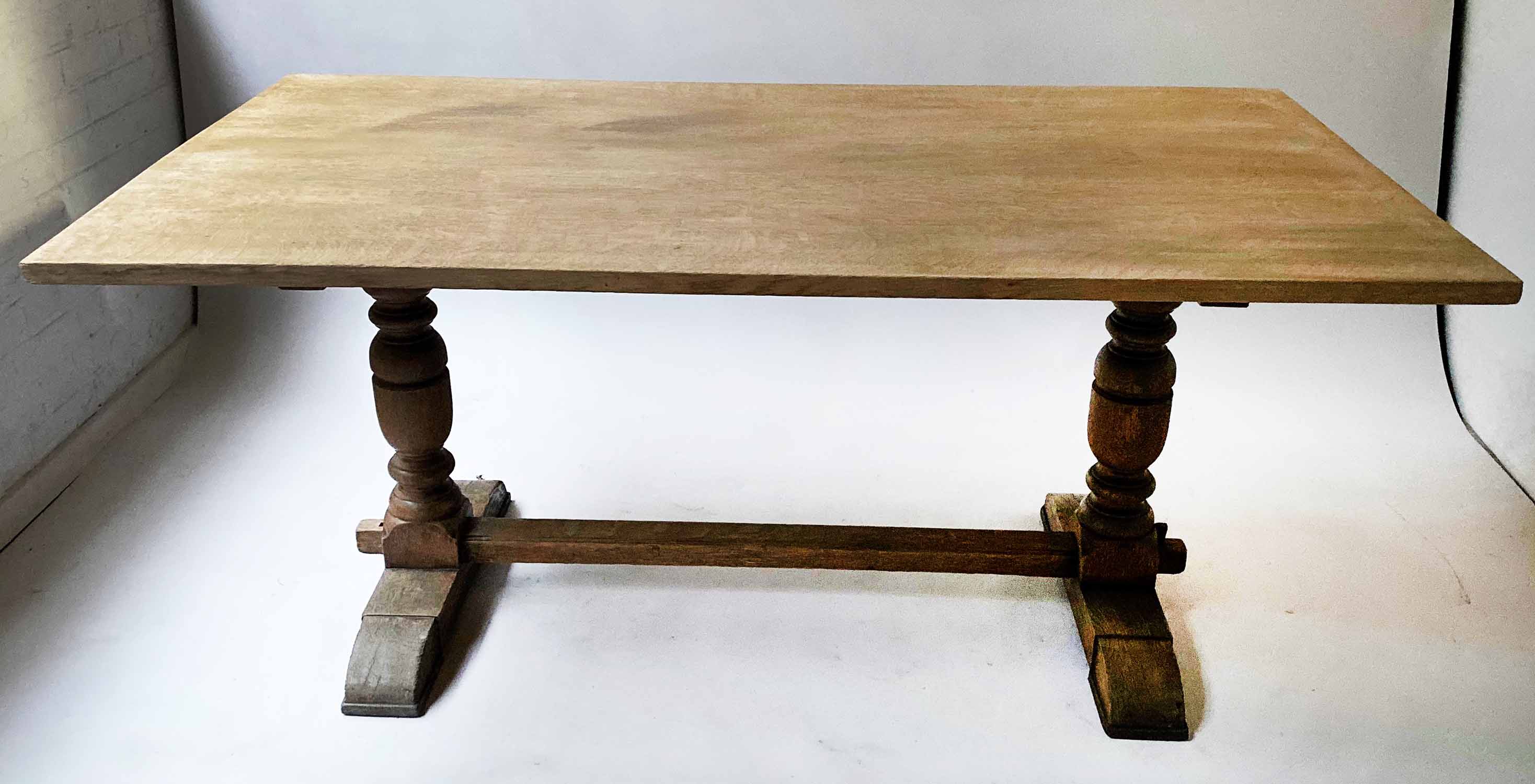 REFECTORY TABLE, mid 20th century rectangular planked oak on turned stretchered twin supports,