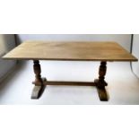 REFECTORY TABLE, mid 20th century rectangular planked oak on turned stretchered twin supports,