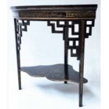 CORNER ETAGERE, early 20th century black lacquer and gilded Chinoiserie decoration with undertier,