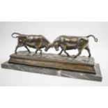 BRONZE SCULPTURE, after Rosa Bonheur 'Bulls', on marble base, 58cm W x 23cm H.