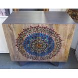 SIDE CABINETS, a pair, mango wood, painted and emblazed with intricate foliate roundel design,
