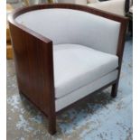 TUB CHAIR, Art Deco style Macassar ebony wood in light grey upholstery, 77cm W.