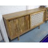 SIDEBOARD, mango wood, with sliding doors one bound in twine on rounded tapering legs,