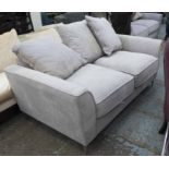 SOFA, two seater, in grey fabric on chromed metal supports plus three cushions, 176cm L.