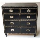 CHEST, 19th century and later studded black leather with two short and three long drawers,