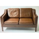 SOFA, 1970's Danish hand finished and stitched mid brown leather with two seat cushions, 138cm W.