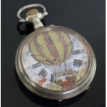AN ANTIQUE GOLIATH POCKET WATCH, the dial decorated with a man riding a balloon, 8cm Diam.