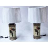 LAMPS, a pair, drum form ceramic with birds of Paradise and gilt border with shades, 70cm H.