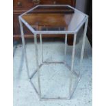 SIDE TABLE, with a mirrored hexagonal top on a silvered metal base, 46cm x 63cm H.