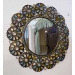 WALL MIRROR, mid 20th century petal design with coloured glass insets and circular plate, 68cm diam.