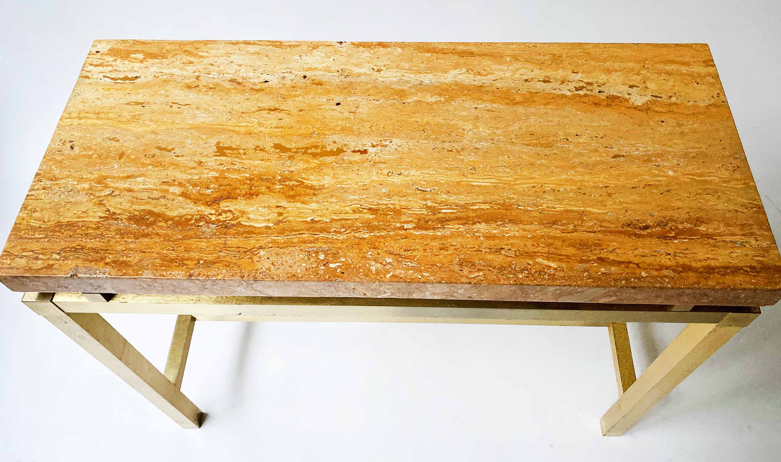 CONSOLE TABLE, 20th century with sienna marble top on stepped lacquered brass square supports, - Image 4 of 4