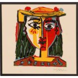 PABLO PICASSO 'Head of a Woman', textile, signed in the plate, 80cm x 80cm, framed and glazed.