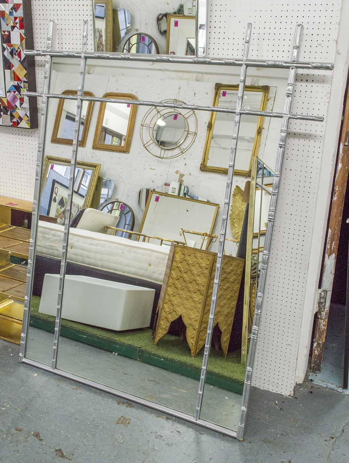 WALL MIRROR/OVERMANTEL, silvered wood, faux bamboo frame, with marginal plates, 131cm W x 152cm H.