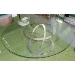 OCCASIONAL TABLE, circular glass top on a chromed metal base, 129cm diam x 40cm H.