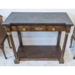CONSOLE TABLE, French Empire mahogany with a marble top over frieze drawer with gilt metal mounts,