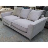SOFA, two seater, in grey fabric on chromed metal supports plus three cushions, 205cm L.