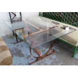 DESK, vintage copper base with tempered glass top, 102cm x 78cm x 73cm.