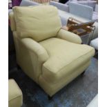 ARMCHAIR, Howard style in beige fabric on turned castor supports, 78cm W.