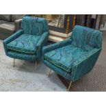 ARMCHAIRS, a pair, 1950's design in green and blue swirl patterned fabric, 72cm W.